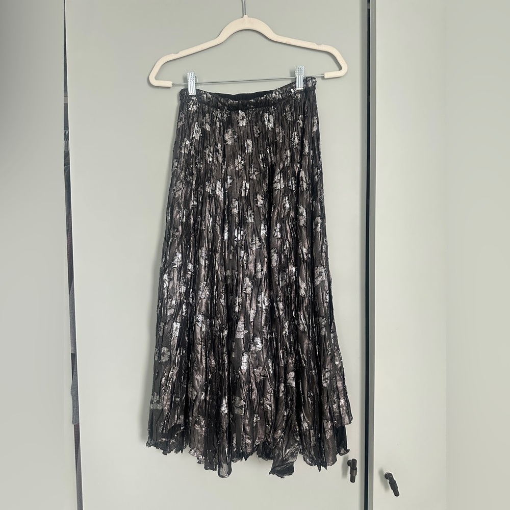 Zara Sheer Black and Silver Pleated Midi Skirt